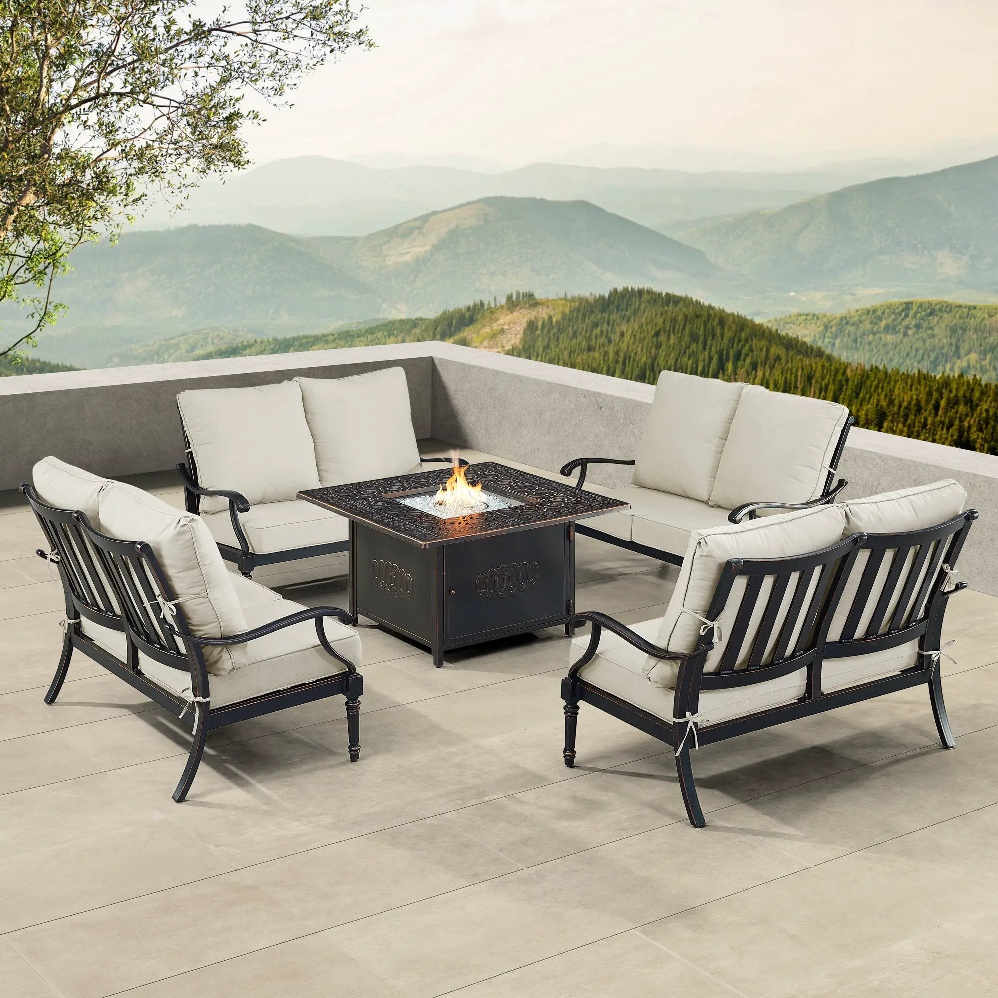 Black Aluminum Fire Table Set with Four Deep Seating Loveseats by Sharicks