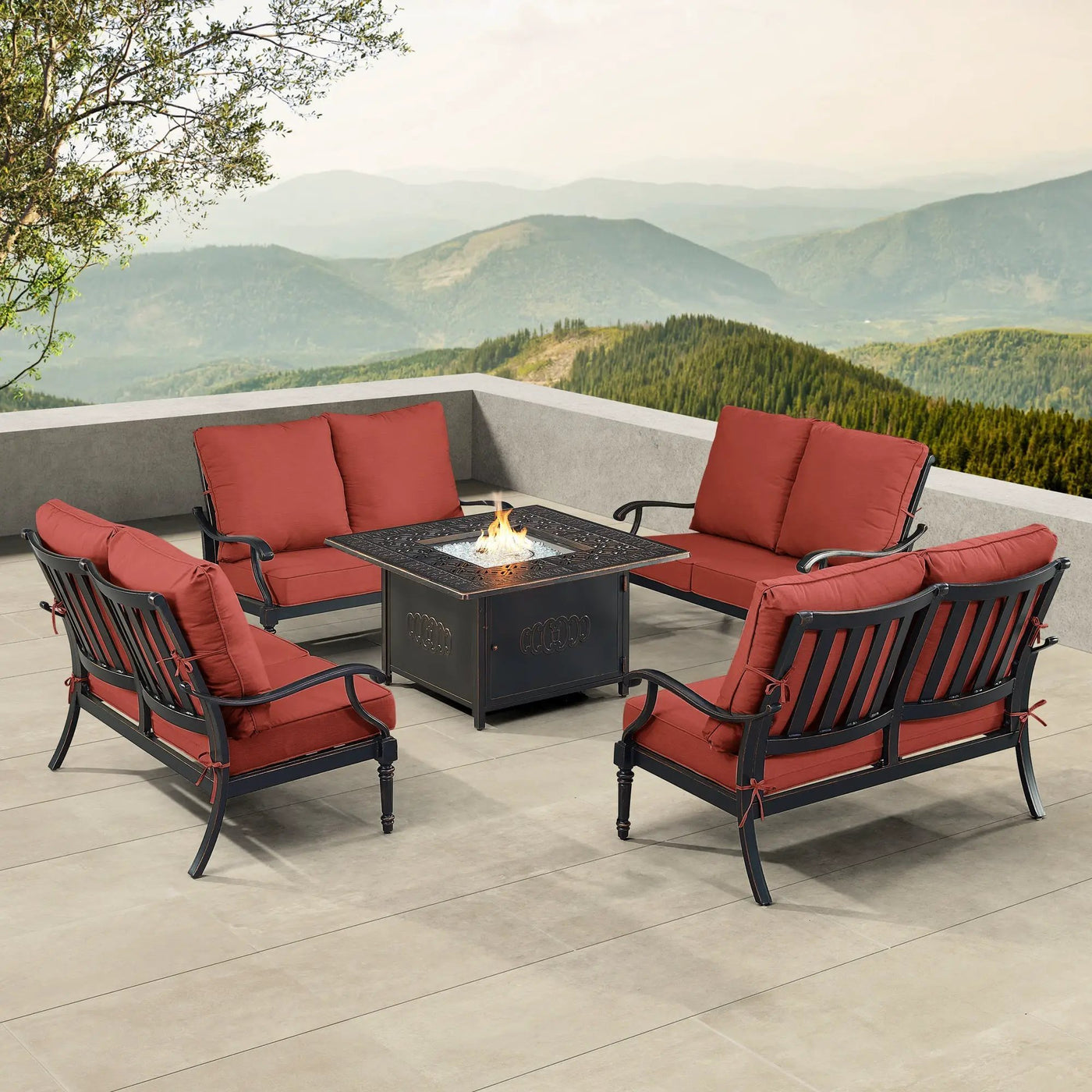 Black Aluminum Fire Table Set with Four Deep Seating Loveseats by Sharicks