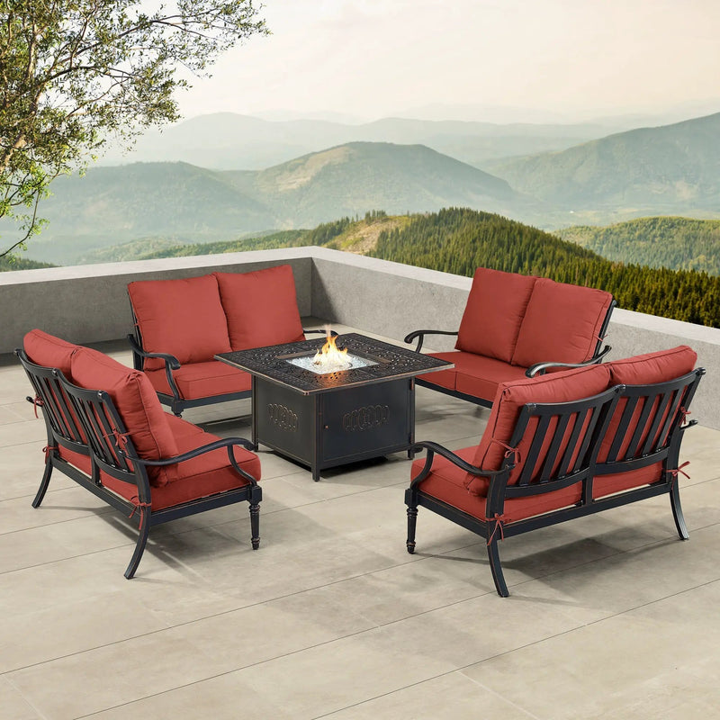 Black Aluminum Fire Table Set with Four Deep Seating Loveseats by Sharicks
