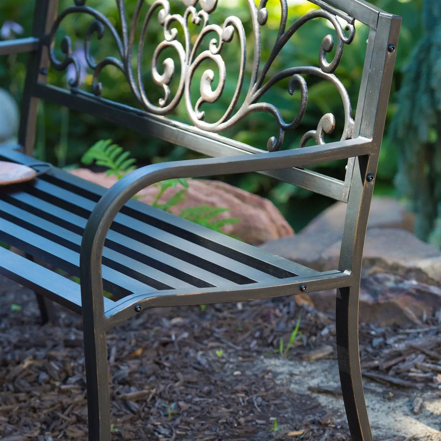 Curved Metal Garden Bench with Heart Pattern in Black Antique Bronze Finish by HomePacific