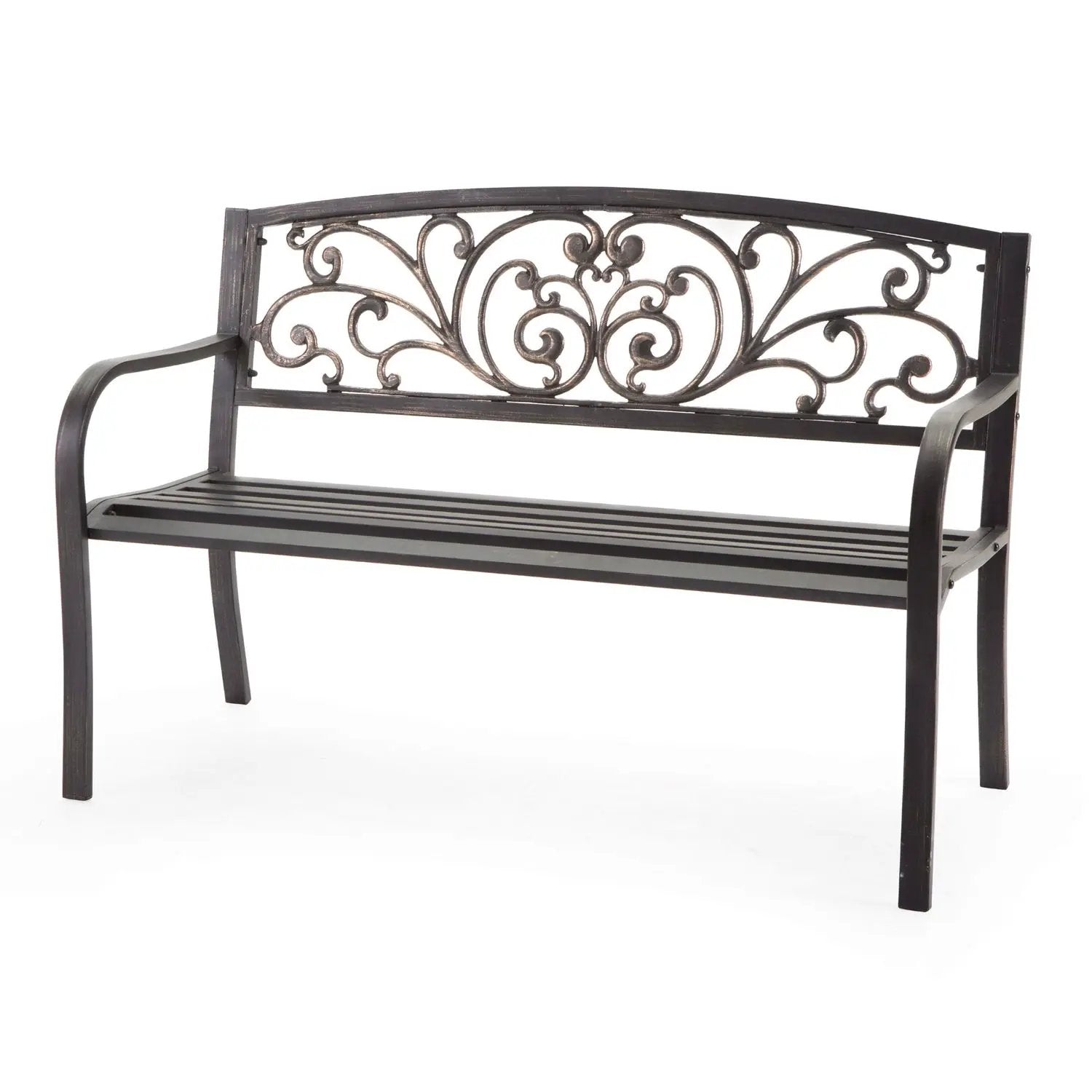Curved Metal Garden Bench with Heart Pattern in Black Antique Bronze Finish by HomePacific