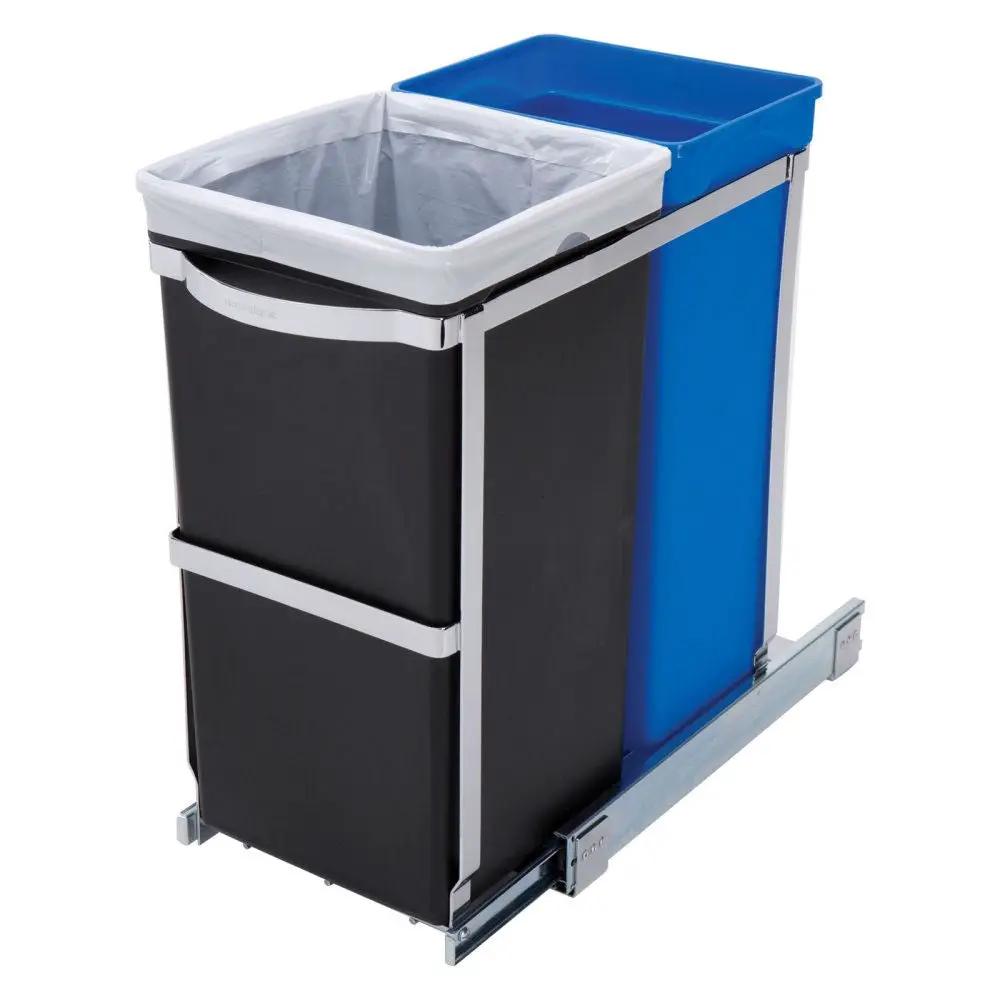 Pull Out Blue Recycle Bin Black Trash Can Slides Under Kitchen Counter by HomePacific