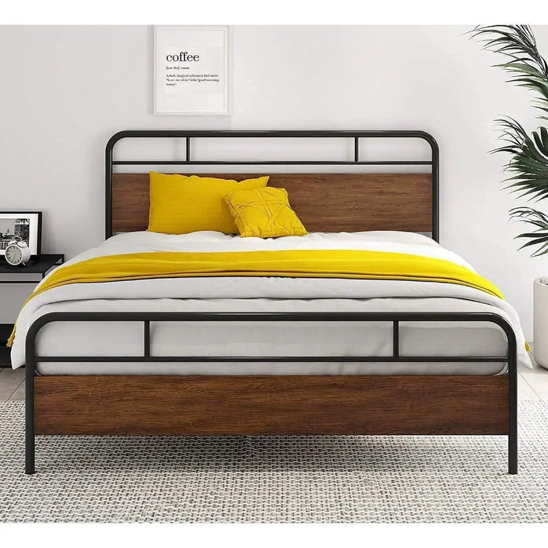 Queen Size Industrial Metal Wood Platform Bed Frame with Headboard and Footboard by HomePacific