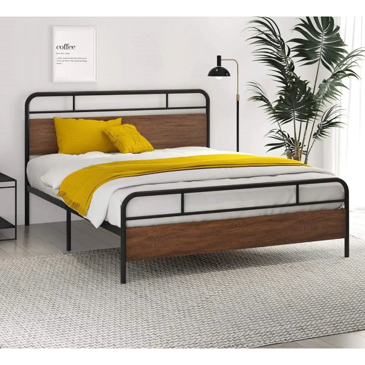 Queen Size Industrial Metal Wood Platform Bed Frame with Headboard and Footboard by HomePacific