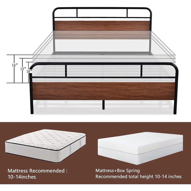 Queen Size Industrial Metal Wood Platform Bed Frame with Headboard and Footboard by HomePacific