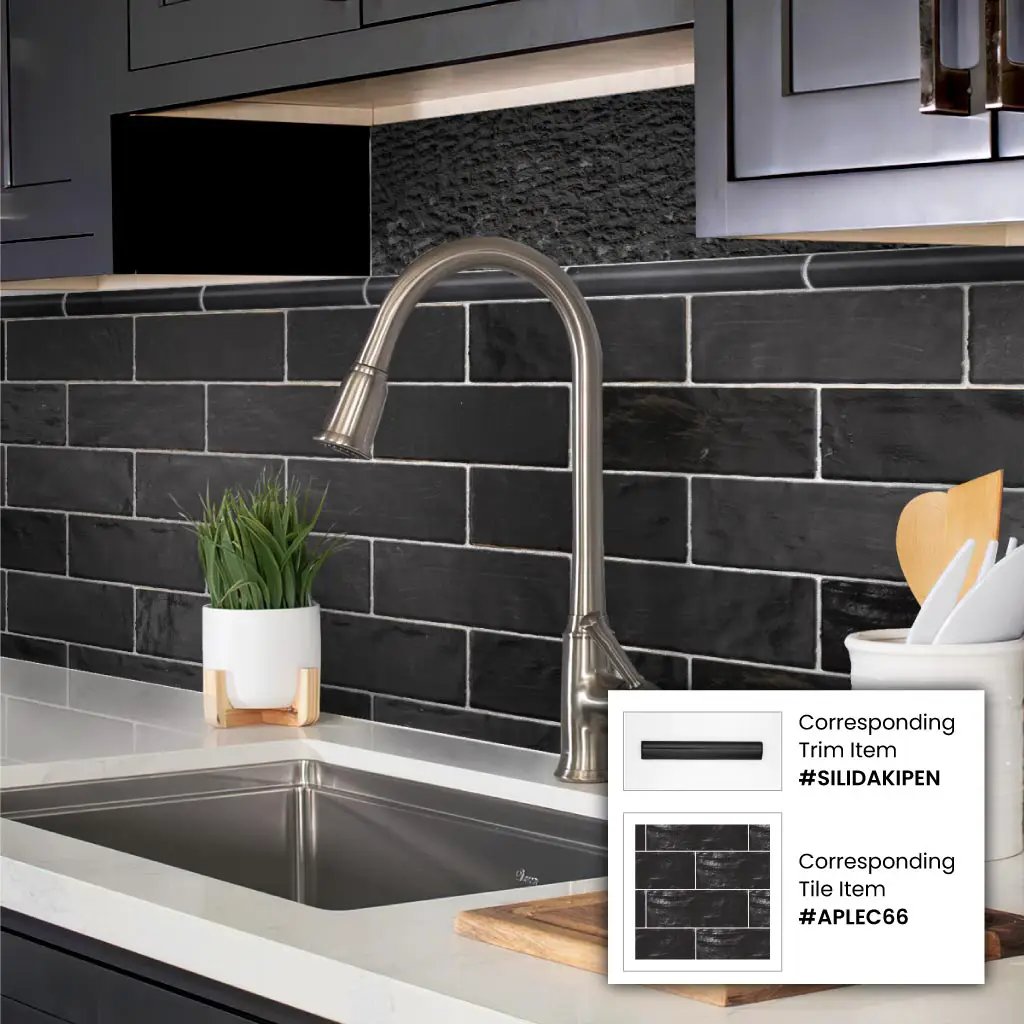 Black 1.25x8 Matte Glossy Ceramic Bullnose Tile Trim (10 pack, 0.667 sq ft/case) by Apollo Tile