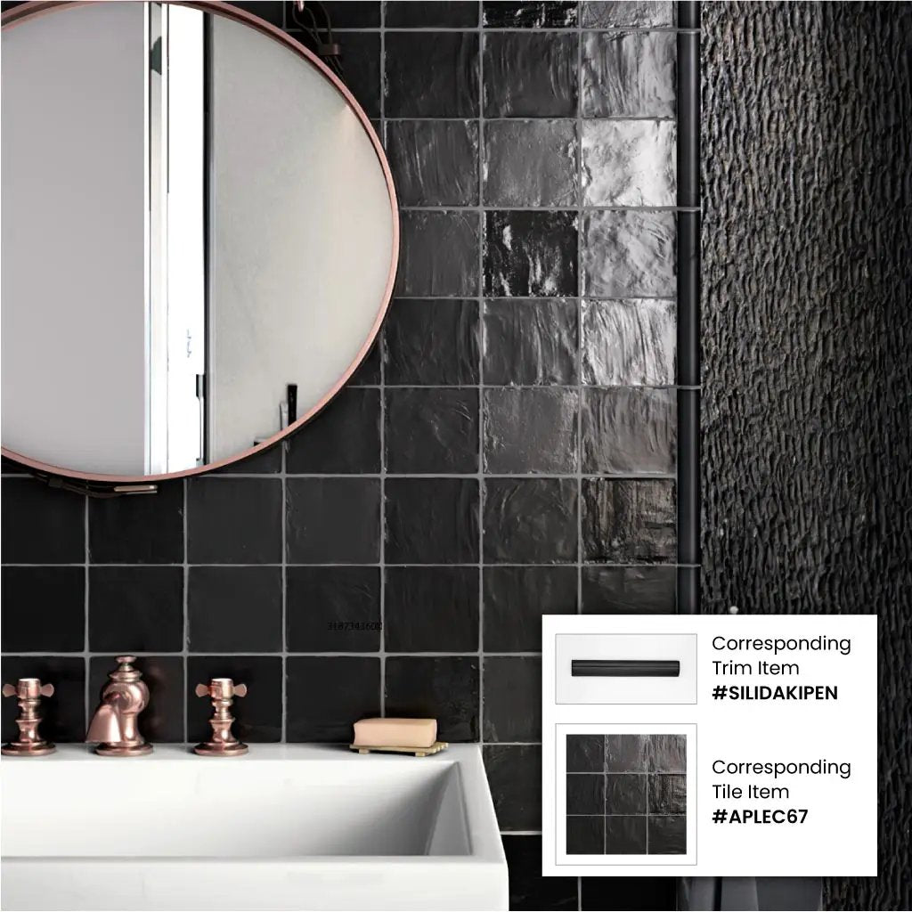 Black 1.25x8 Matte Glossy Ceramic Bullnose Tile Trim (10 pack, 0.667 sq ft/case) by Apollo Tile