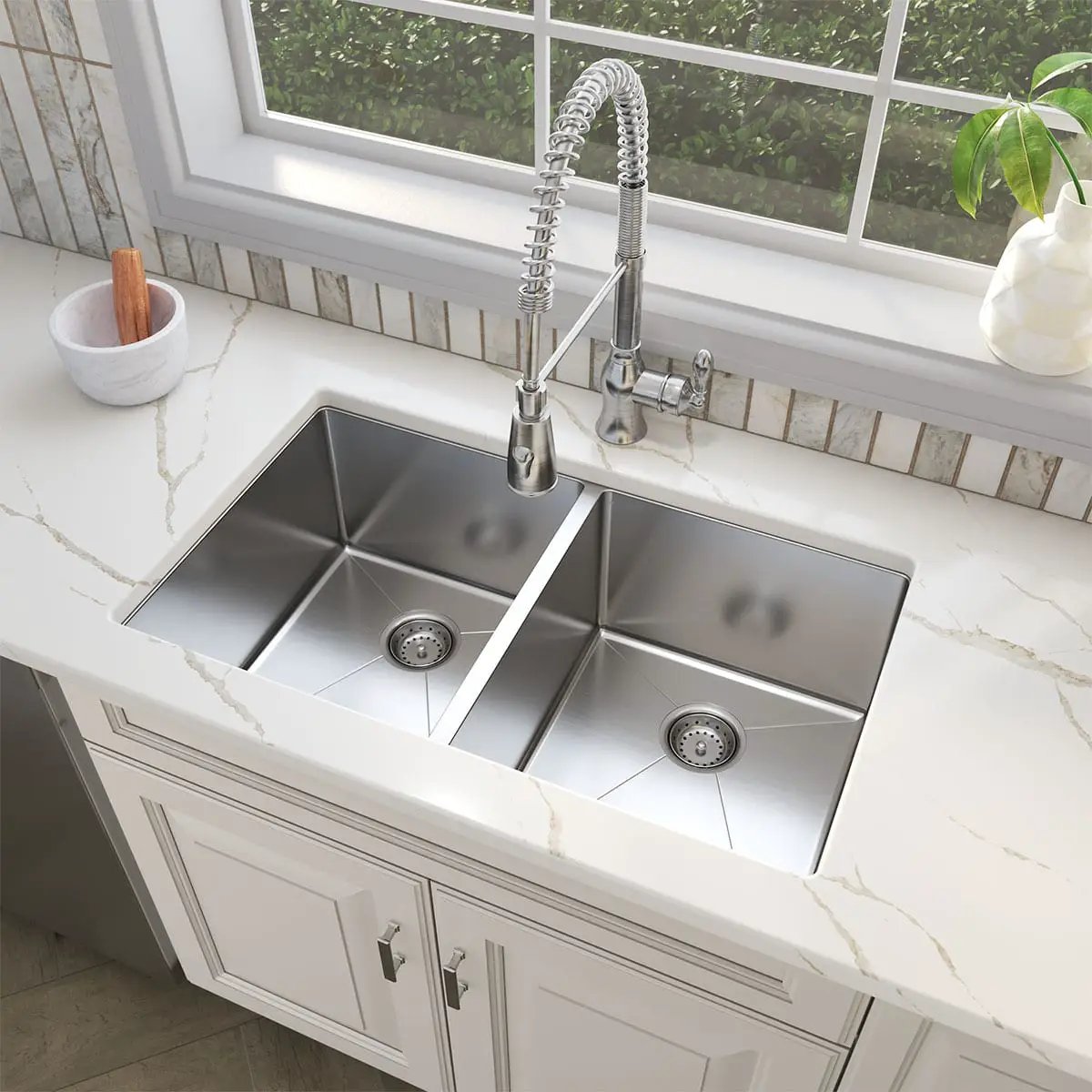 Double Bowl Handcrafted 50/50 Kitchen Sink Stainless Steel in a finished room