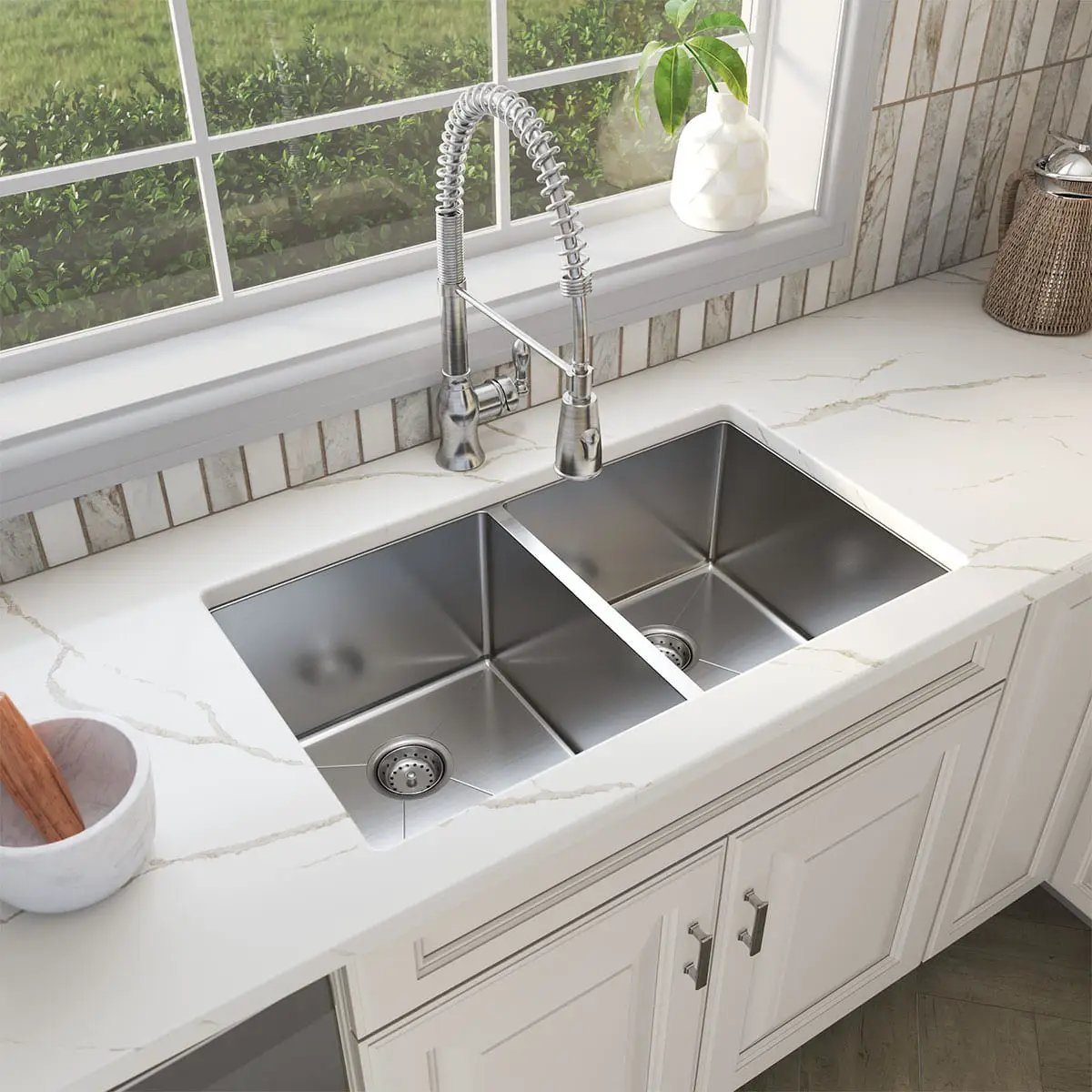 Double Bowl Handcrafted 50/50 Kitchen Sink Stainless Steel in a finished room
