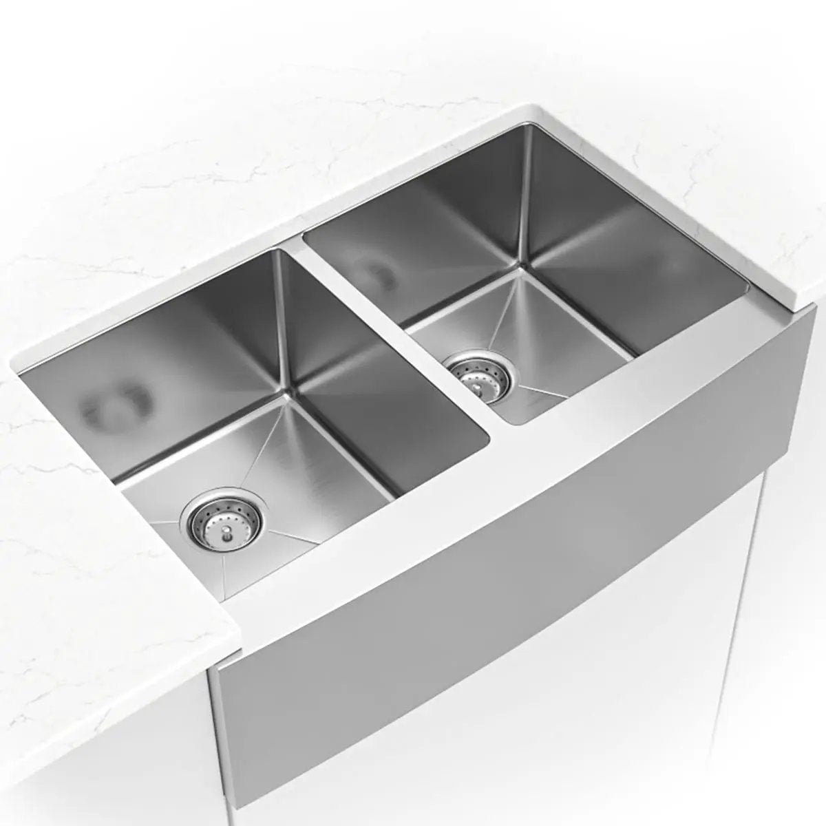 Double Bowl Farmhouse Apron 50/50 Kitchen Sink Stainless Steel in a finished room