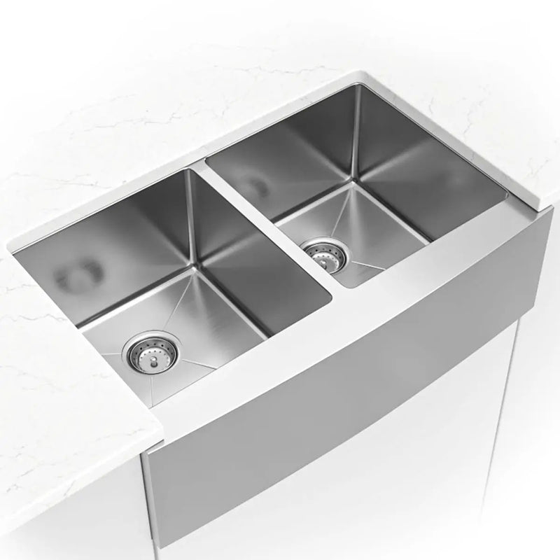 Double Bowl Farmhouse Apron 50/50 Kitchen Sink Stainless Steel in a finished room