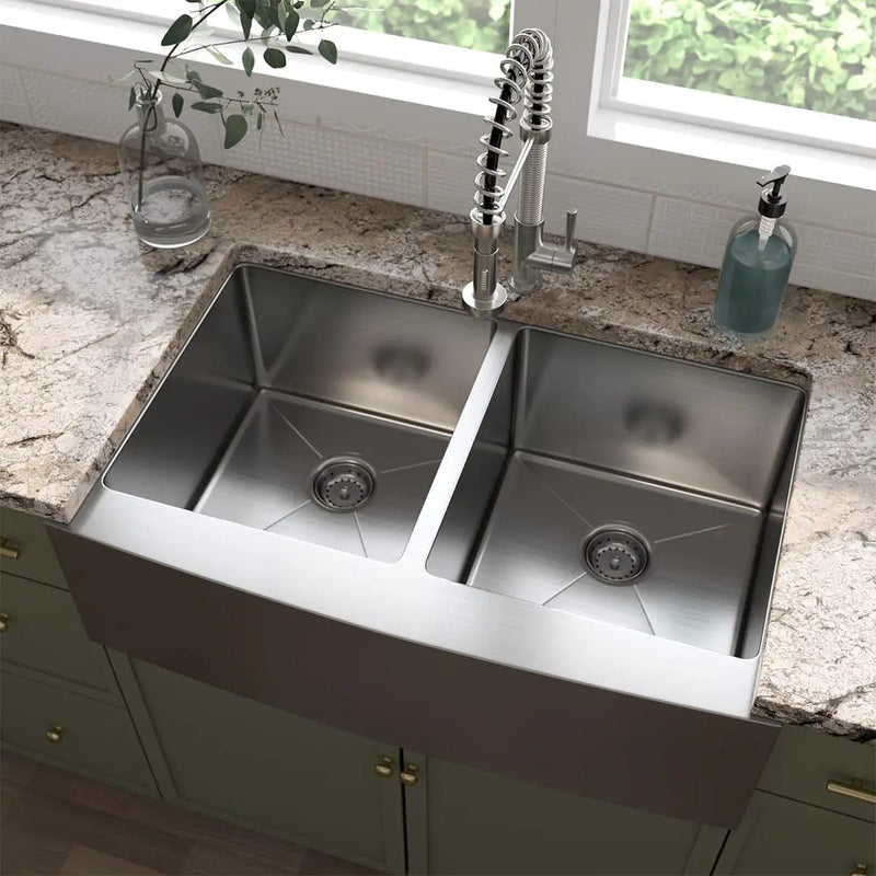 Double Bowl Farmhouse Apron 50/50 Kitchen Sink Stainless Steel in a finished room