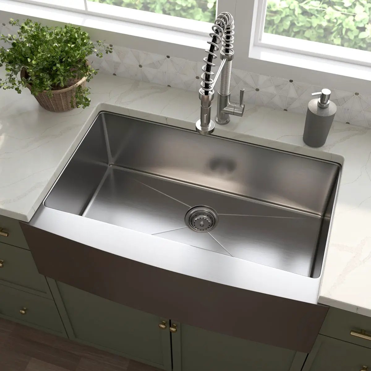 Handcrafted Farmhouse With Apron 16g 3321 Stainless Steel Tiles in a finished room