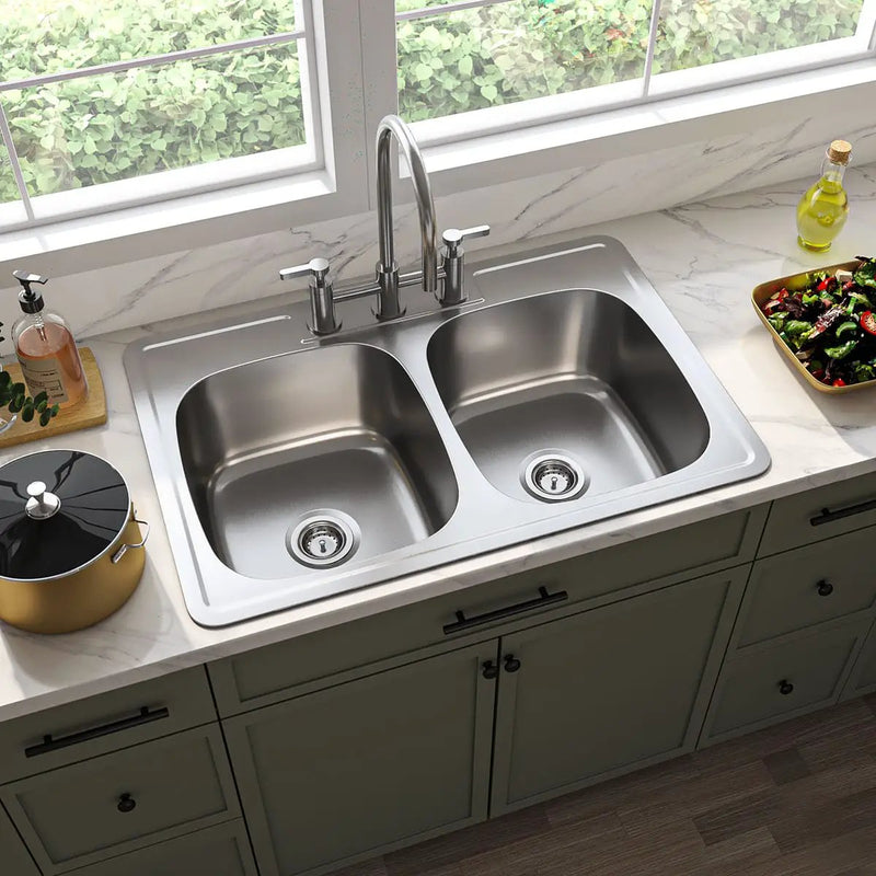 Double Bowl 18G 50/50 3322 Kitchen Sink Satin Stainless Steel in a finished room