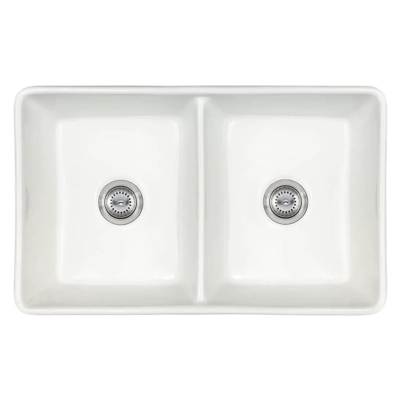 Fireclay Farmhouse White Double Bowl 5050 Kitchen Sink close up