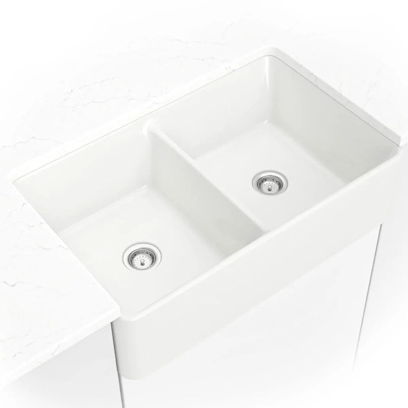 Fireclay Farmhouse White Double Bowl 5050 Kitchen Sink in a finished room