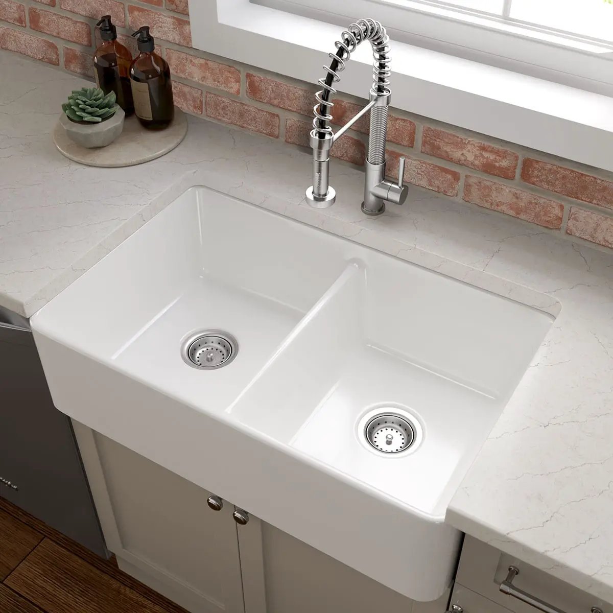 Fireclay Farmhouse White Double Bowl 5050 Kitchen Sink in a finished room
