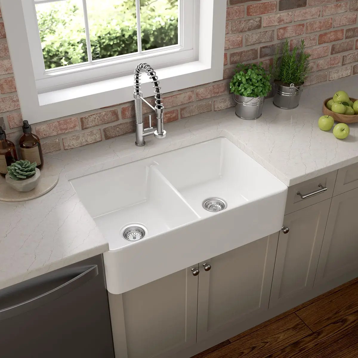 Fireclay Farmhouse White Double Bowl 5050 Kitchen Sink in a finished room
