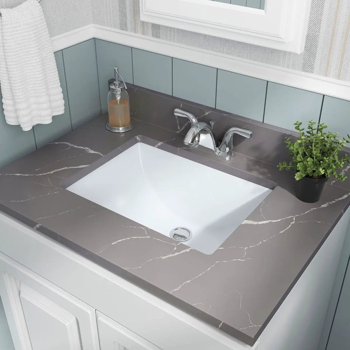 Vanity White Rectangle Porcelain Kitchen Sink in a finished room