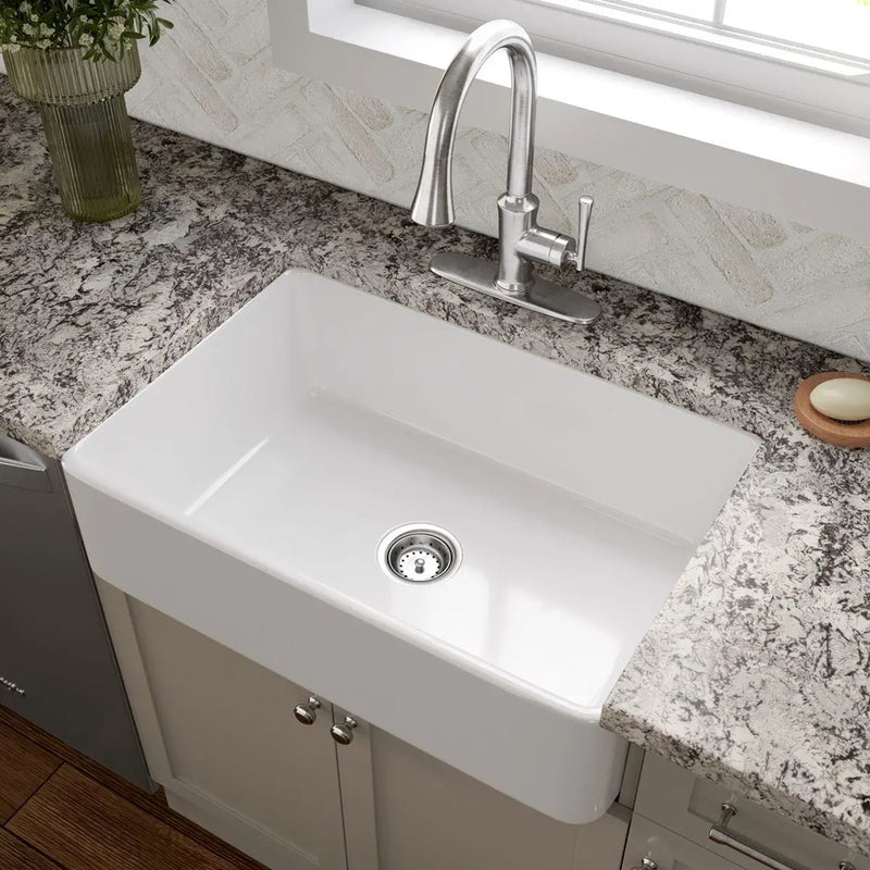 Fireclay Farmhouse White Single Bowl Kitchen Sink in a finished room