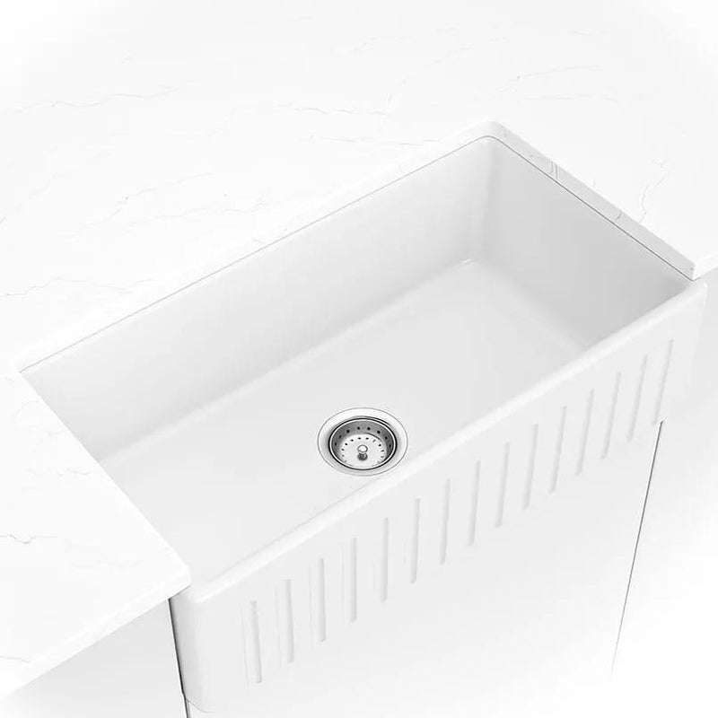 Fireclay Farmhouse White Single Bowl 3318 Kitchen Sink in a finished room