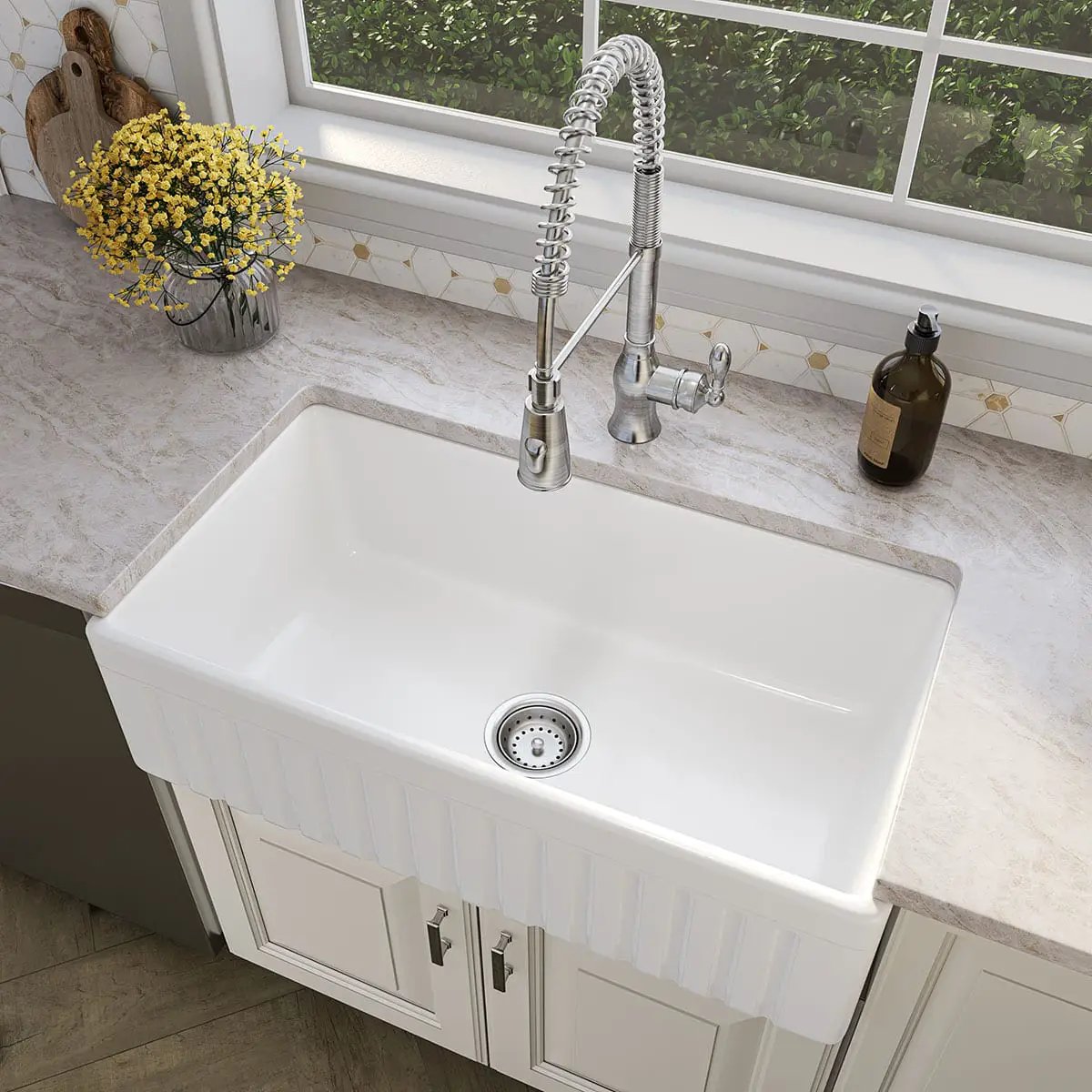 Fireclay Farmhouse White Single Bowl 3318 Kitchen Sink in a finished room