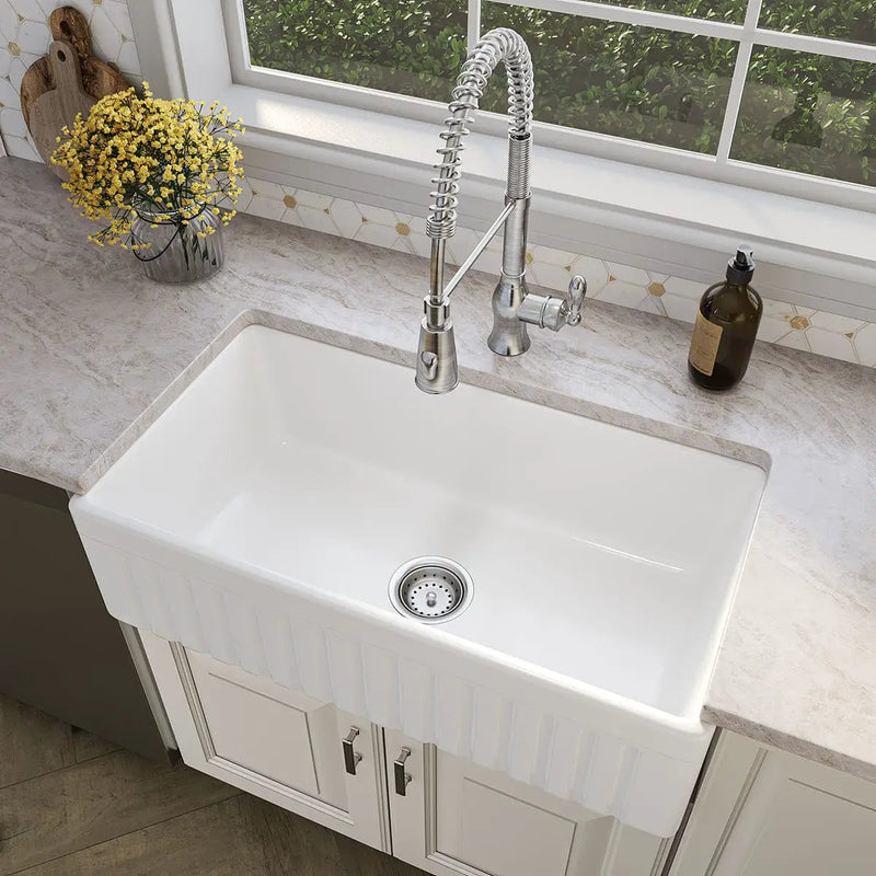 Fireclay Farmhouse White Single Bowl 3318 Kitchen Sink in a finished room