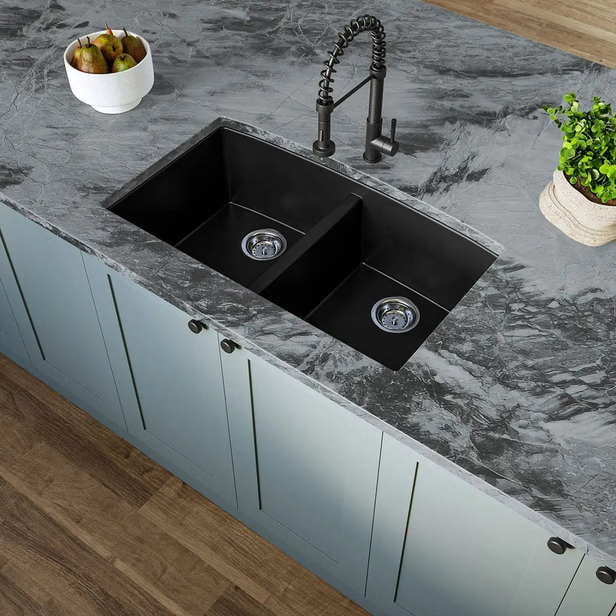 Black Quartz Double Bowl 50/50 Kitchen Sink Composite by MSI Surfaces