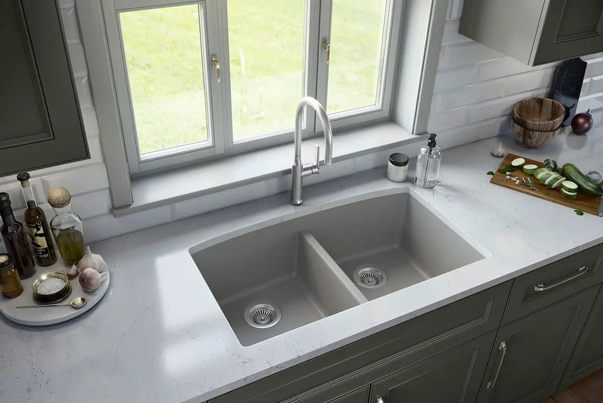 Grey Quartz Double Bowl 50/50 Kitchen Sink Composite by MSI Surfaces