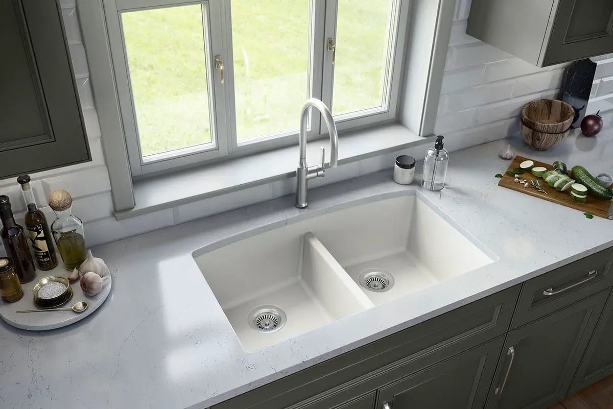 White quartz double bowl Kitchen Sink Composite in a finished room