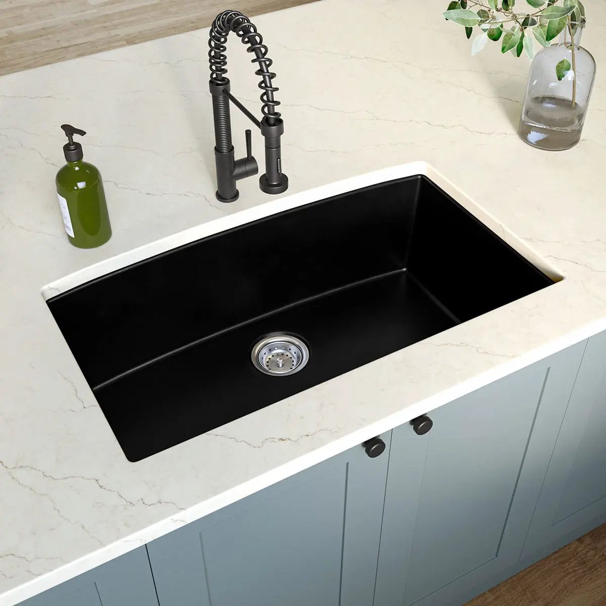 Black Quartz Single Bowl Kitchen Sink Composite in a finished room
