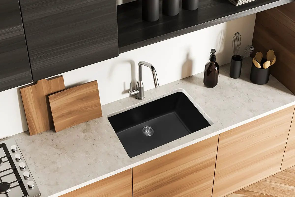 Black Quartz Single Bowl Kitchen Sink Composite in a finished room