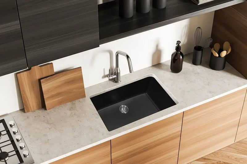 Black Quartz Single Bowl Kitchen Sink Composite in a finished room