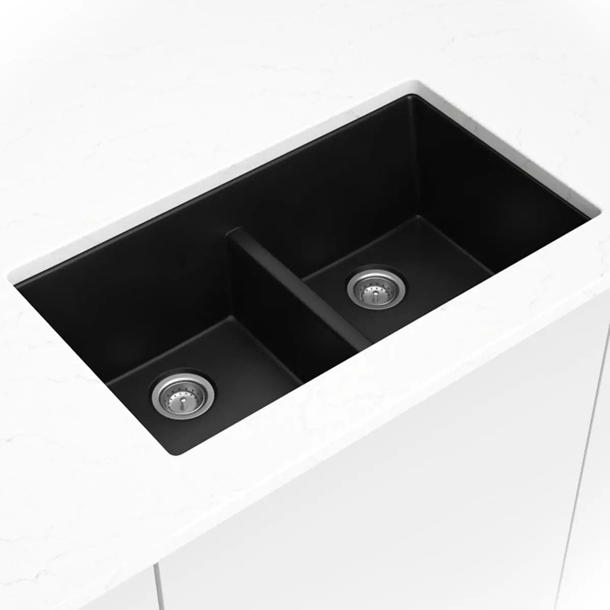 Black Quartz Double Bowl 50/50-3319 Sink Composite in a finished room