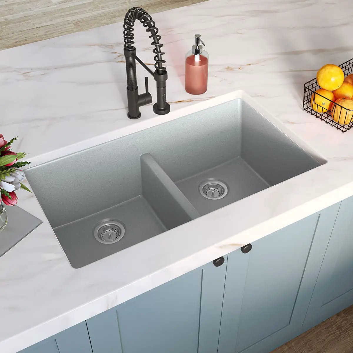 Gray Quartz Double Bowl 50/50-3319 Sink Composite in a finished room