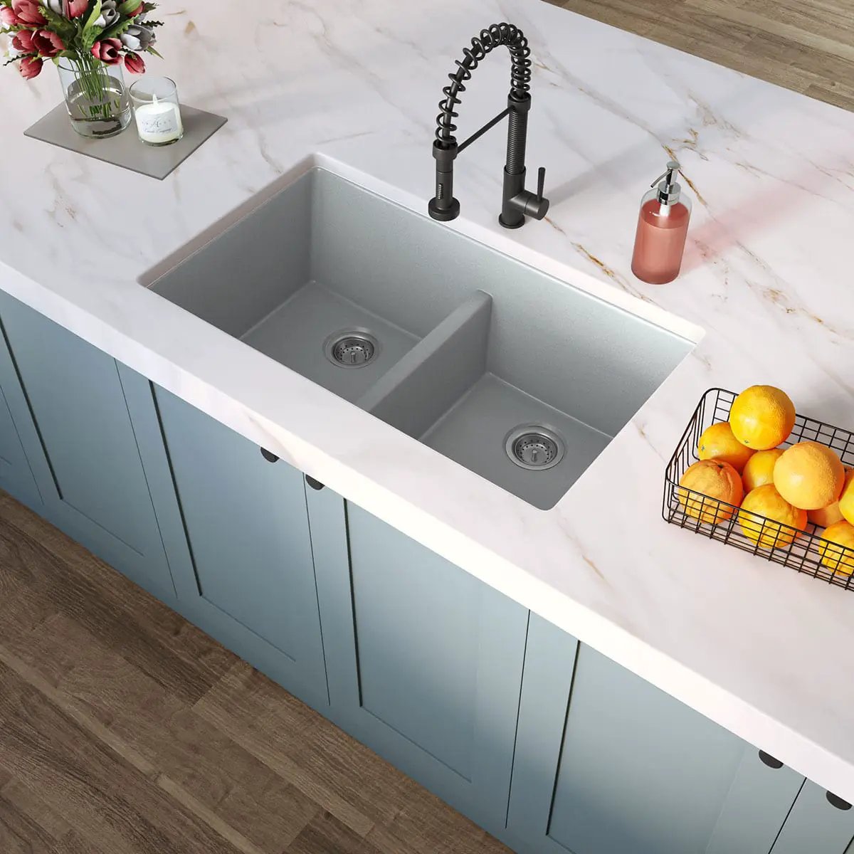 Gray Quartz Double Bowl 50/50-3319 Sink Composite in a finished room