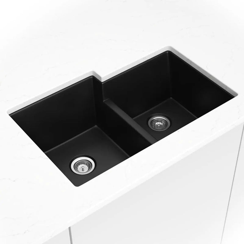 Black Quartz Double Bowl 60/40-3221 Sink Composite in a finished room