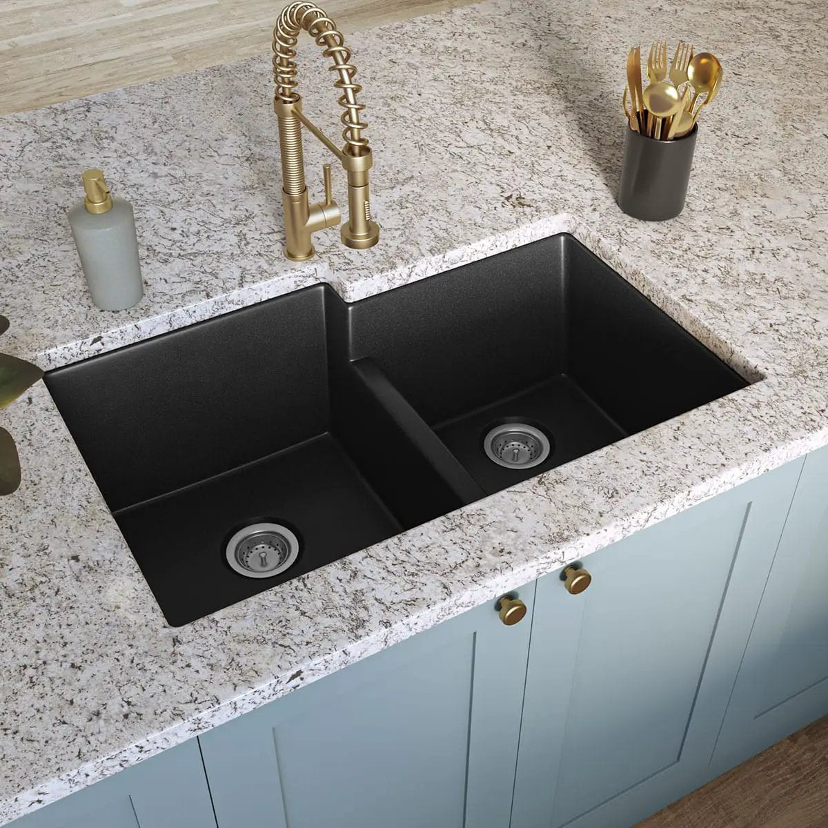 Black Quartz Double Bowl 60/40-3221 Sink Composite in a finished room