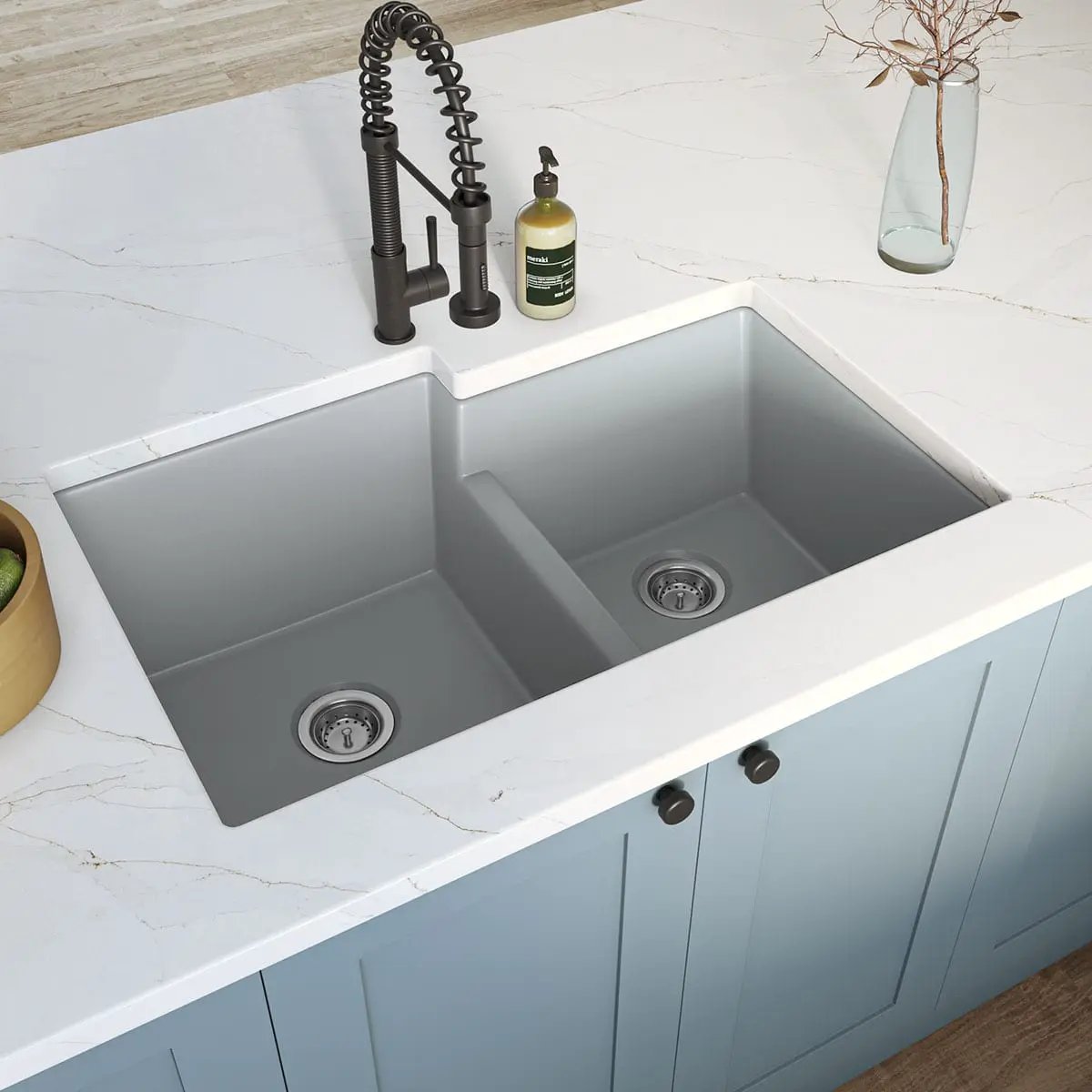 Gray Quartz Double Bowl 60/40-3221 Sink Composite in a finished room