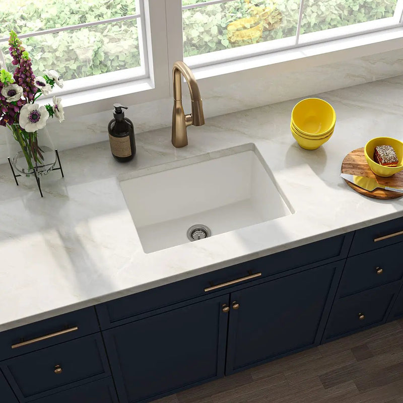 White Quartz Single Bowl 2418 Sink Composite in a finished room