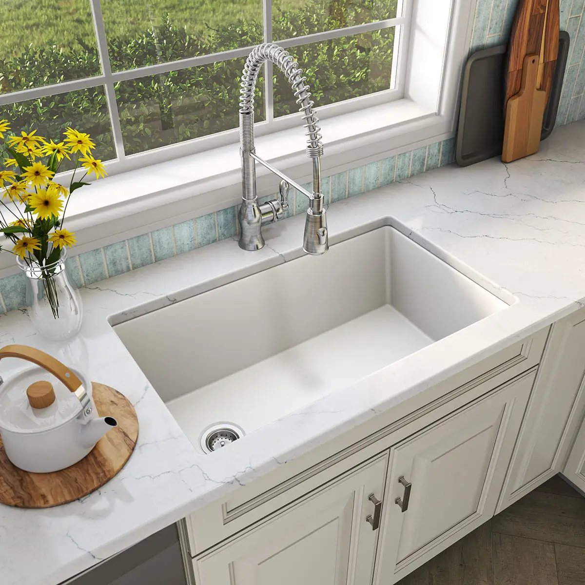 White Quartz Single Bowl 3119 Sink Composite in a finished room