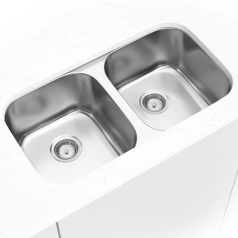 Double Bowl Sink 50/50-3218 Satin Stainless Steel in a finished room