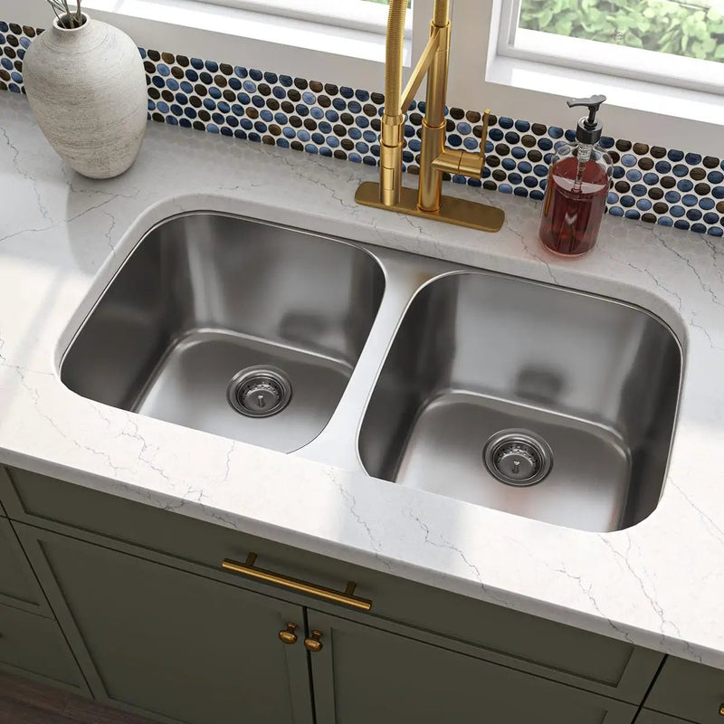 Double Bowl Sink 50/50-3218 Satin Stainless Steel in a finished room
