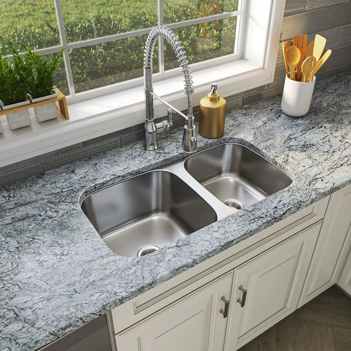 Double Bowl Sink 40/60-3218 Satin Stainless Steel in a finished room