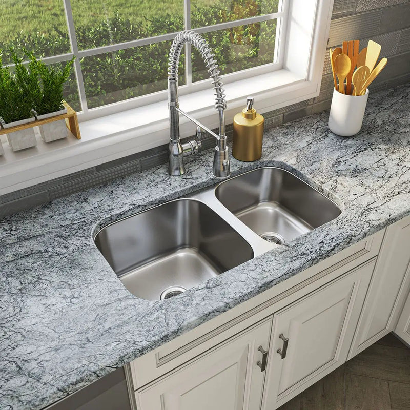 Double Bowl Sink 40/60-3218 Satin Stainless Steel in a finished room