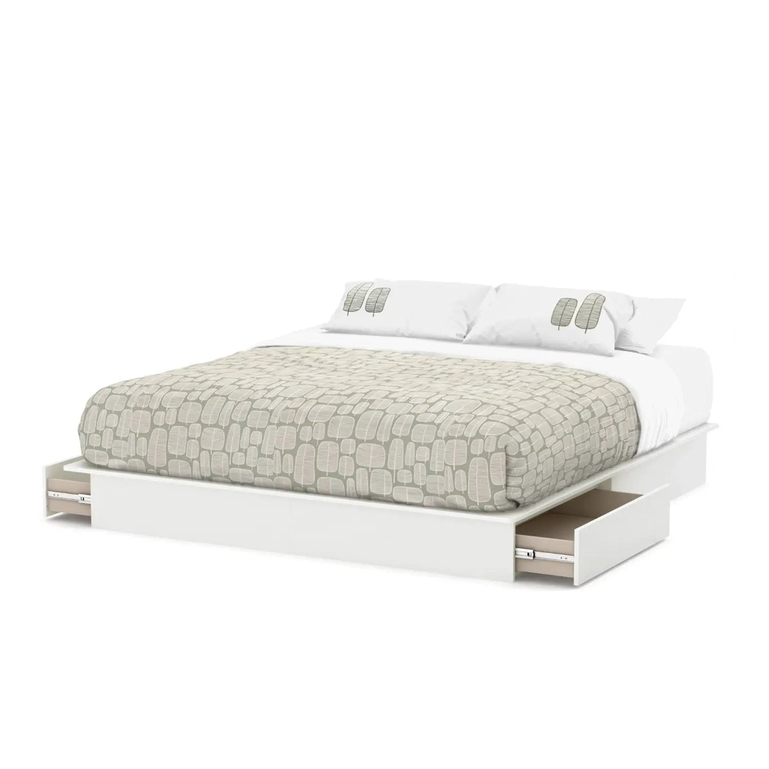 King size Modern Platform Bed with Storage Drawers in White Finish by HomePacific