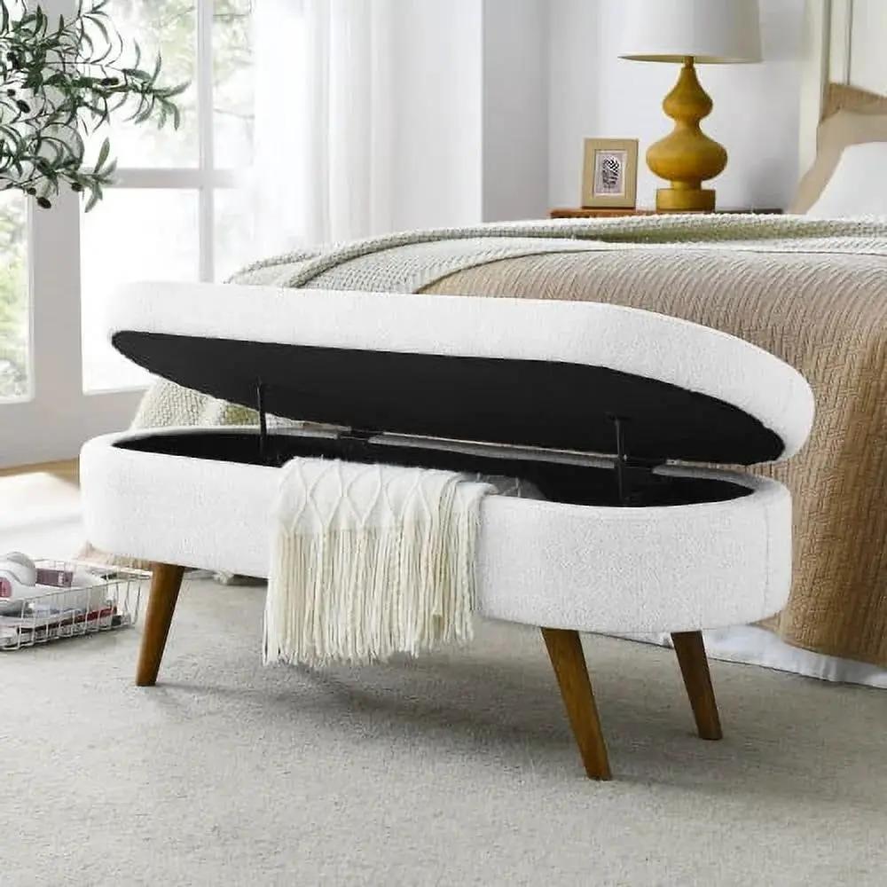 Mid-Century Modern Boho Style White Linen End of Bed Storage Bench by HomePacific