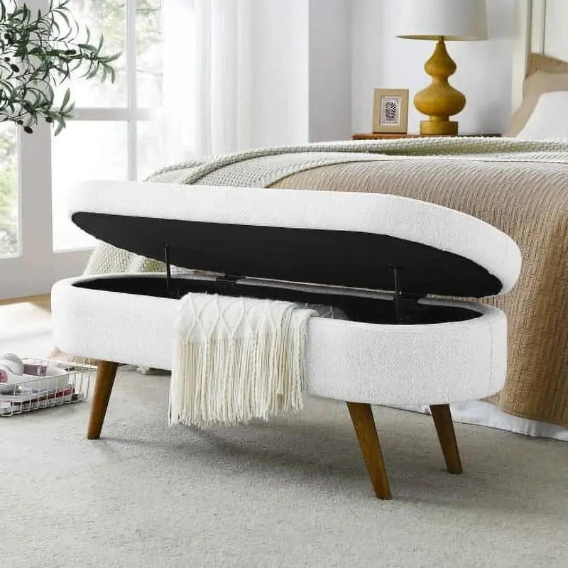 Mid-Century Modern Boho Style White Linen End of Bed Storage Bench by HomePacific