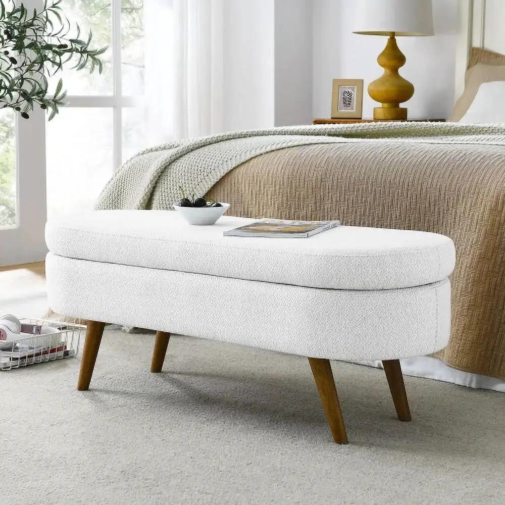Mid-Century Modern Boho Style White Linen End of Bed Storage Bench by HomePacific