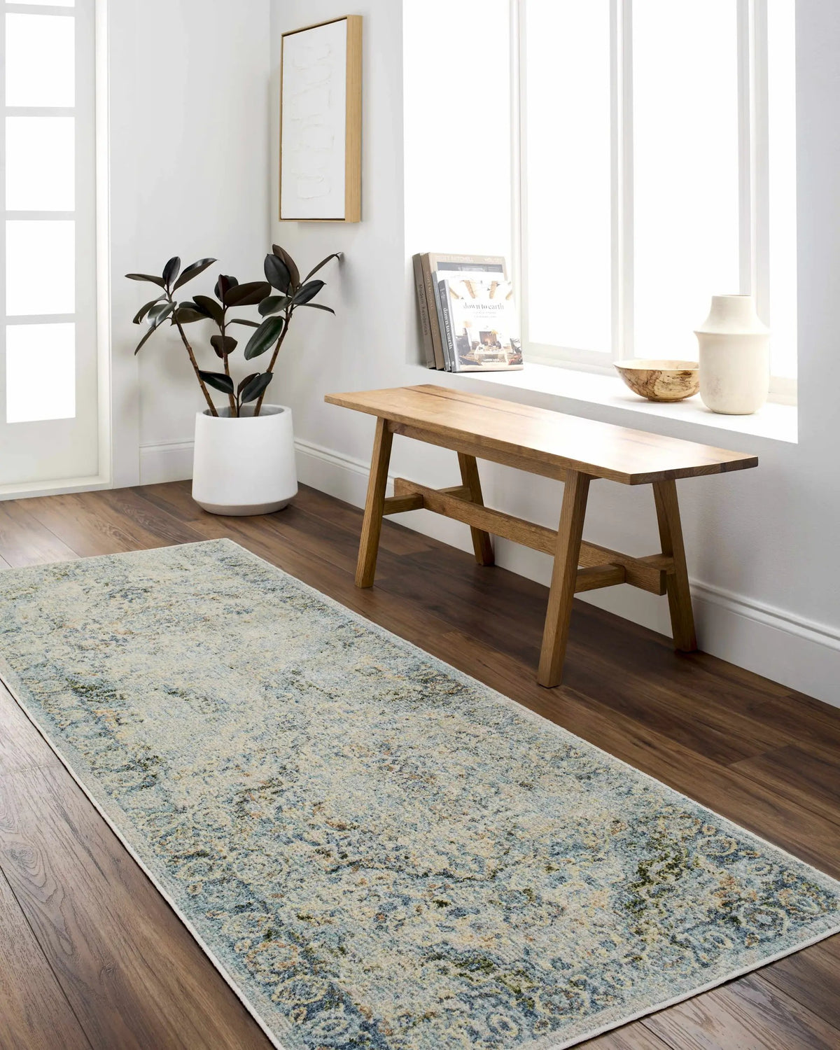 Aurum Beige Washable Area Rug, installed in a room
